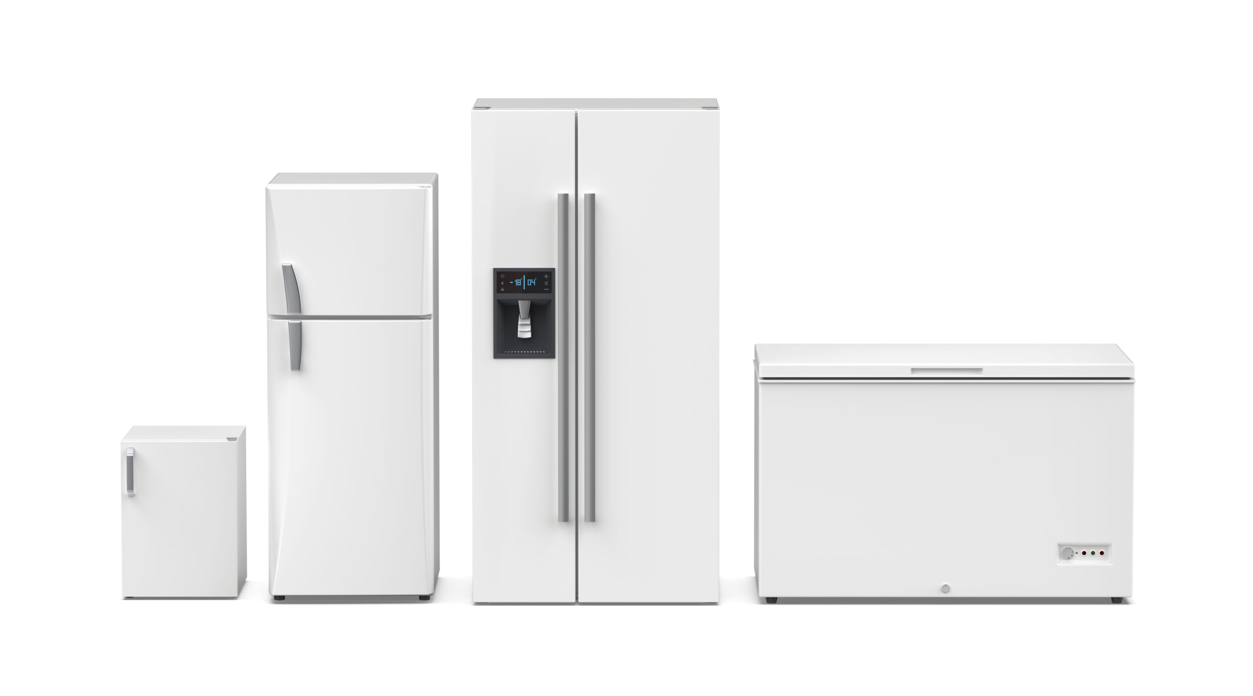 Front view of four different size refrigerators on white background